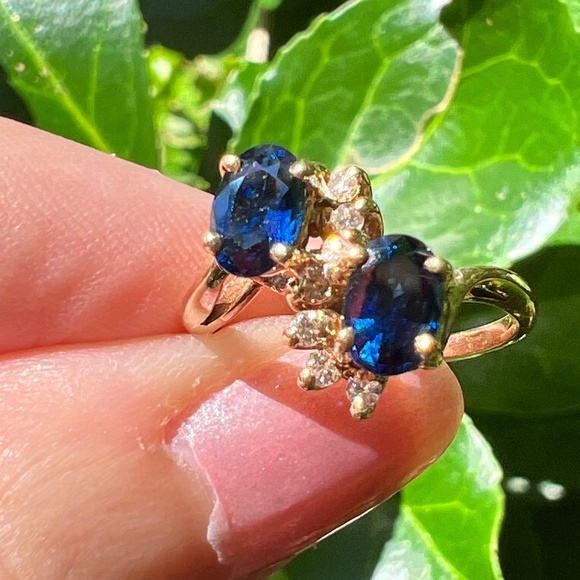 VINTAGE 14K GOLD BLUE SAPPHIRE DIAMOND TOI ET MOI RING ENGAGEMENT ANNIVERSARY